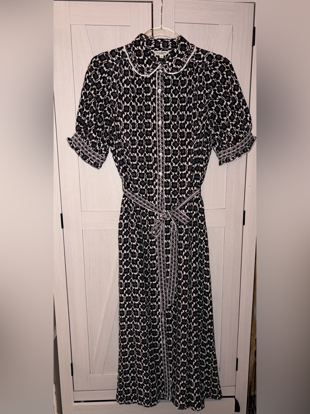 Max Studio Black and White Printed Midi Dress with Tie Waist